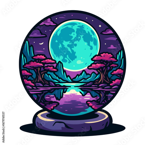 Luminous moon over tranquil lake inside crystal sphere with purple trees night sky fantasy scene on tabletop