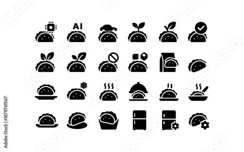 vector solid black filled icons Taco (Advanced) taco smart taco ai taco auto taco manual taco organic taco vegan taco glutenfree taco lowfat taco sugarfree taco packed taco unpacked taco.