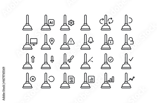 vector outline icons Plunger (Advanced) plunger smart plunger ai plunger auto2 plunger manual2 plunger synced plunger unsynced plunger monitor plunger track plunger alert plunger notify.