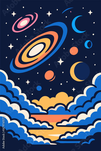 Ringed planets rising above glowing clouds at dusk dreamy celestial sky view with soft horizon light