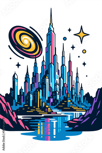 Futuristic neon city by a reflective lake under a spiral galaxy night sky modern skyline view with bright lights
