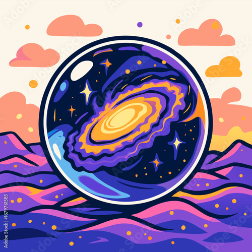 Galaxy inside a floating crystal sphere above violet hills at sunset dreamy surreal landscape with clouds and warm light