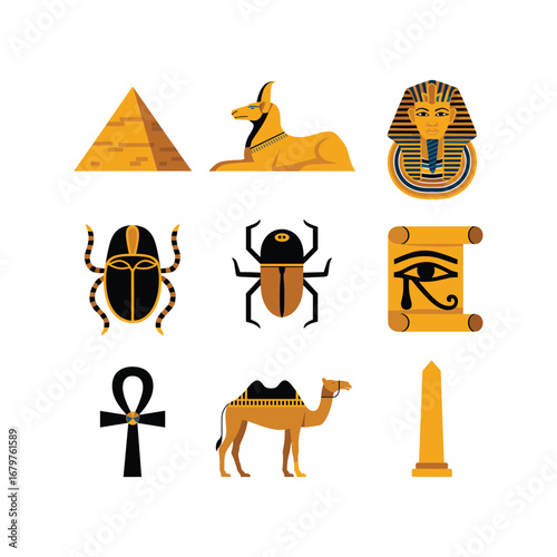 Ancient egyptian icons collection featuring pyramids sphinx scarabs hieroglyphs camel ankh and obelisk