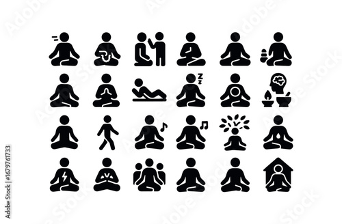 vector solid black filled icons Meditation (Types) meditation breath meditation mantra meditation guided meditation silent meditation zen meditation vipassana meditation yoga meditation.