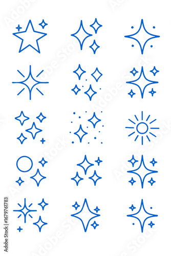 Star icons. Magic sparkle and glitter shine stars, hand drawn doodle sketch style, glow line art, cartoon star spark collection. Vector doodle set