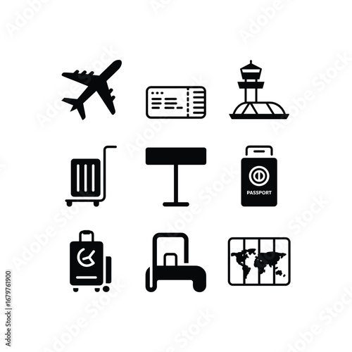 Collection of nine black airport travel icons including airplane luggage passport and map on white