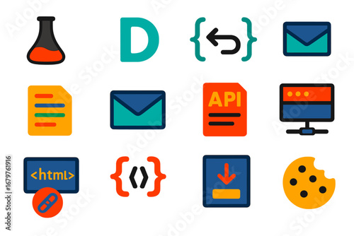 Python Web Dev Icons. Flat vector icons of Python Web Development: Flask logo, Django framework, route decorator, request object,