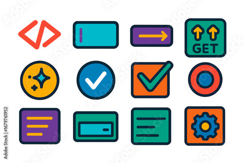 PHP Form Icons. Flat vector icons of PHP Forms and Input: form tag, input field, submit button, POST method, GET method, sanitize