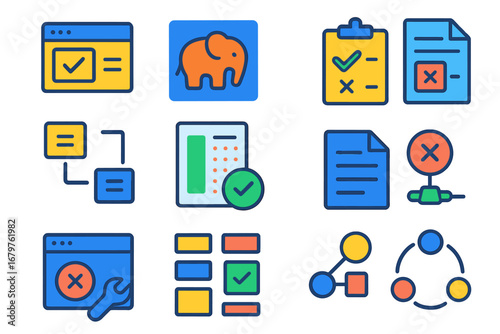 PHP Testing Icons. Flat vector icons of PHP Testing and QA: unit test, PHPUnit logo, test result, assertEquals method, test