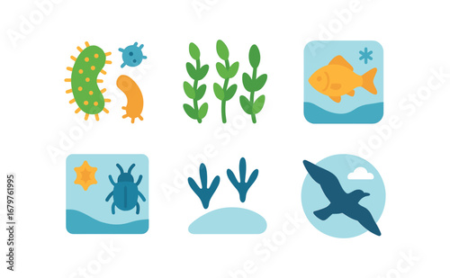 vector colorful flat filled icons subglacial lake (wildlife): tiny microbes algae preserved fish insects snow tracks bird in sky.