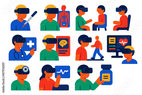 VR Medical Icons. Flat vector icons of VR medical applications: surgery simulator, anatomy exploration, therapy session, medical