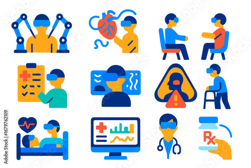 VR Medical Icons. Flat vector icons of VR medical applications: surgery simulator, anatomy exploration, therapy session, medical