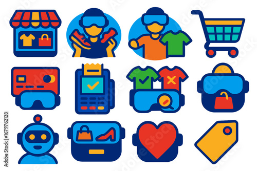 VR Shopping Icons. Flat vector icons of VR commerce and shopping: virtual store, product demo in VR, avatar trying clothes, VR