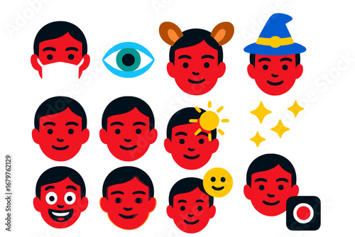 Flat AR Icon Set. Flat vector icons of AR filters and effects: face mask overlay, eye color changer, animal ears, animated hat,