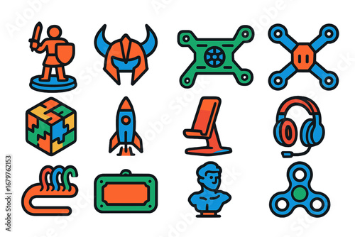 3D Printing Icons. Flat vector icons of hobby 3D printing projects: tabletop miniatures, cosplay prop, RC car part, drone frame,