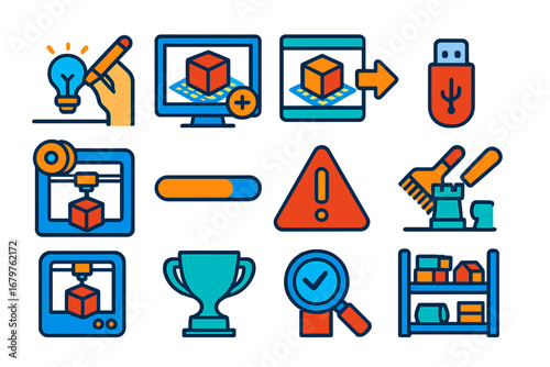 3D Printing Icons. Flat vector icons of 3D printing workflows: idea sketch, CAD modeling, slicing setup, file transfer, printer