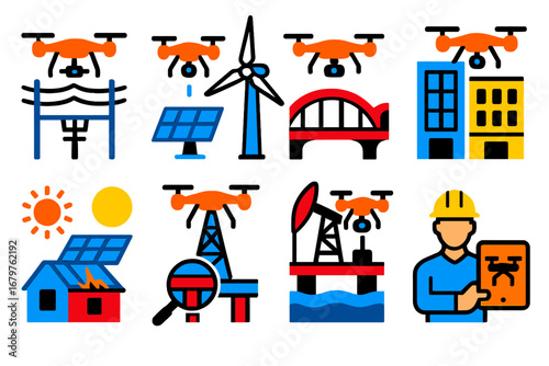 Drone Inspection Icons. Flat vector icons of drone inspection use cases: power line drone, wind turbine check, bridge inspection,
