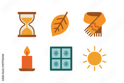 vector colorful flat filled icons golden chill season (symbolic): hourglass falling leaf warm scarf candle frosted window winter sun.