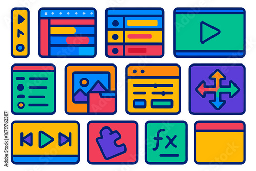 Modern Animation Icons. Flat vector icons of animation software UI: toolbar icon, timeline panel, layer structure, preview window,