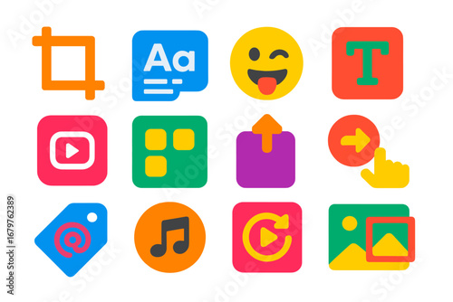 Colorful Editing Icons. Flat vector icons of editing tools for social media content: aspect ratio crop, auto caption icon, emoji