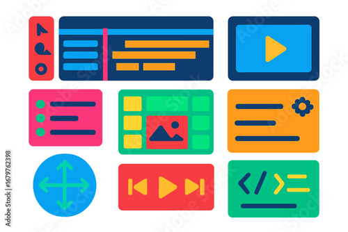 Modern Animation Icons. Flat vector icons of animation software UI: toolbar icon, timeline panel, layer structure, preview window,