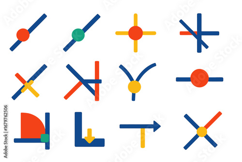 Vibrant CAD Snap Icons. Flat vector icons of CAD object snaps: endpoint snap, midpoint snap, center snap, intersection snap,