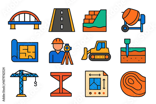 Civil Engineering Icons. Flat vector icons of civil engineering: bridge icon, road section, retaining wall, concrete mixer,