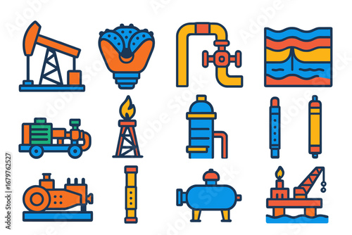 Petroleum Engineering Icons. Flat vector icons of petroleum engineering: oil rig, drilling bit, pipeline icon, reservoir model,