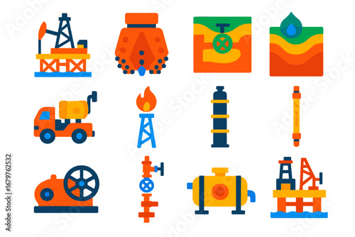 Petroleum Engineering Icons. Flat vector icons of petroleum engineering: oil rig, drilling bit, pipeline icon, reservoir model,