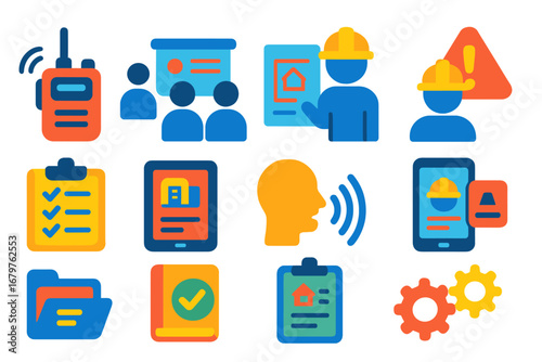 Construction Communication Icons. Flat vector icons of construction communication: walkie talkie, meeting plan, site instruction,