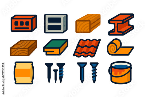 Construction Material Icons. Flat vector icons of construction materials: brick icon, concrete block, lumber beam, steel beam,
