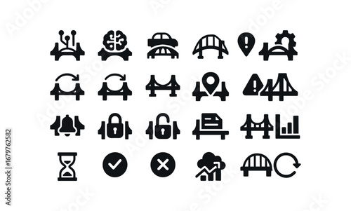 vector solid black filled icons Bridge (Advanced) bridge smart bridge ai bridge auto bridge manual bridge synced bridge unsynced bridge monitor bridge track bridge alert bridge notify.