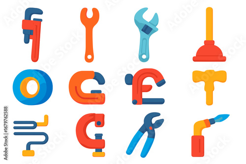 Plumbing Tools Icons. Flat vector icons of plumbing tools: pipe wrench, basin wrench, adjustable spanner, plunger icon, plumber's