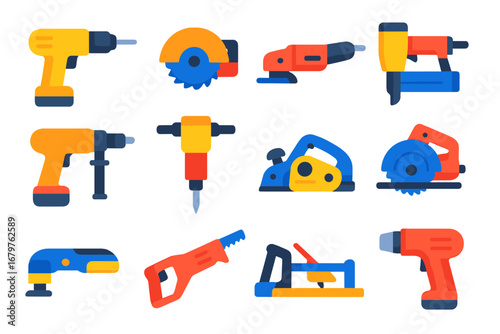 Vibrant Power Tool Icons. Flat vector icons of construction power tools: power drill, circular saw, angle grinder, nail gun,