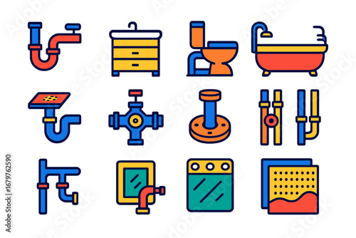 Modern Bathroom Plumbing Icons. Flat vector icons of bathroom plumbing: sink piping, vanity installation, toilet connection,