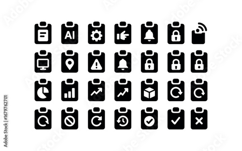 vector solid black filled icons Clipboard Note (Advanced) clipboardnote smart clipboardnote ai clipboardnote auto clipboardnote manual clipboardnote synced clipboardnote unsynced.