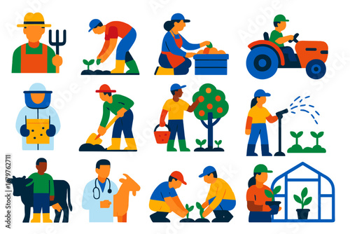 Flat Farm Worker Icons. Flat vector icons of farm workers: farmer with hat, field worker, woman harvesting, tractor driver,