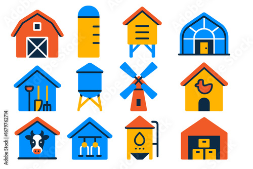 Farm Building Icons. Flat vector icons of farm buildings: barn, silo, granary, greenhouse, tool shed, water tank, windmill,