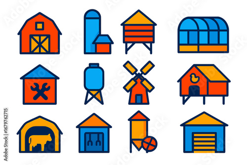 Farm Building Icons. Flat vector icons of farm buildings: barn, silo, granary, greenhouse, tool shed, water tank, windmill,