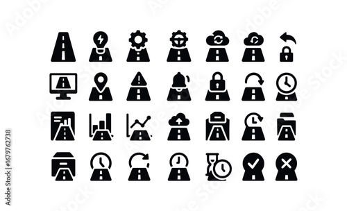 vector solid black filled icons Runway (Advanced) runway smart runway ai runway auto runway manual runway synced runway unsynced runway monitor runway track runway alert runway notify.
