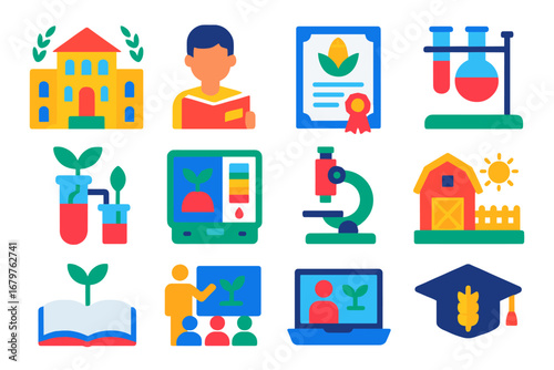 Agricultural Education Icons. Flat vector icons of agricultural education: university building, student with textbook, agriculture