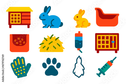 Rabbit Farming Icons. Flat vector icons of rabbit farming: rabbit hutch, breeder rabbit, baby bunny, nesting box, pellet feeder,