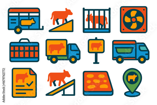 Livestock Transport Icons. Flat vector icons of livestock transport: livestock trailer, animal ramp, holding pen, ventilation fan,