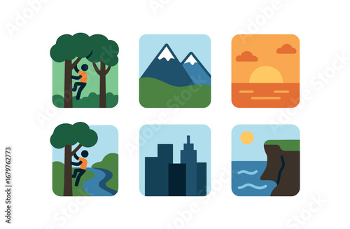 vector colorful flat filled icons tree climbing sport (scenery): forest canopy mountain view sunset horizon river below city skyline coastal cliff.
