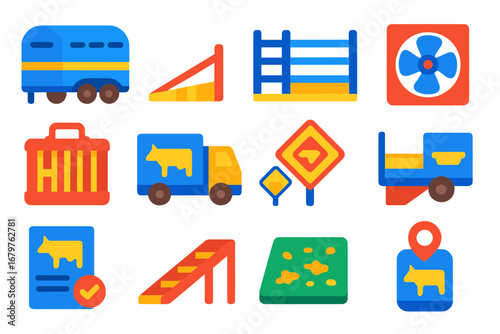 Livestock Transport Icons. Flat vector icons of livestock transport: livestock trailer, animal ramp, holding pen, ventilation fan,