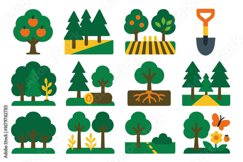 Agroforestry Icon Set. Flat vector icons of agroforestry: fruit tree, windbreak row, mixed crop field, tree planting tool, forest