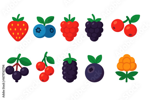 Berry Icon Collection. Flat vector icons of berry crops: strawberry, blueberry, raspberry, blackberry, cranberry, gooseberry,