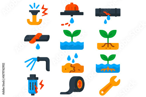 Irrigation Icon Set. Flat vector icons of irrigation failures and fixes: broken sprinkler, clogged dripper, leaky pipe, cracked