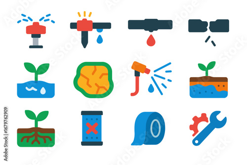 Irrigation Icon Set. Flat vector icons of irrigation failures and fixes: broken sprinkler, clogged dripper, leaky pipe, cracked