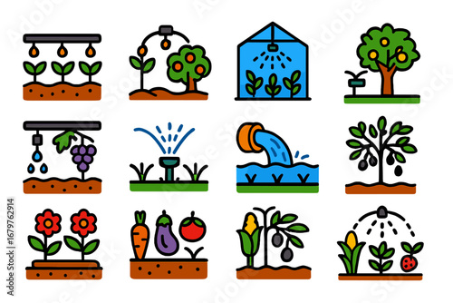 Irrigation Icon Set. Flat vector icons of irrigation for different crops: row crop drip, orchard micro-sprinkler, greenhouse